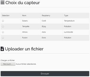 Choix des capteurs et envoi du fichier